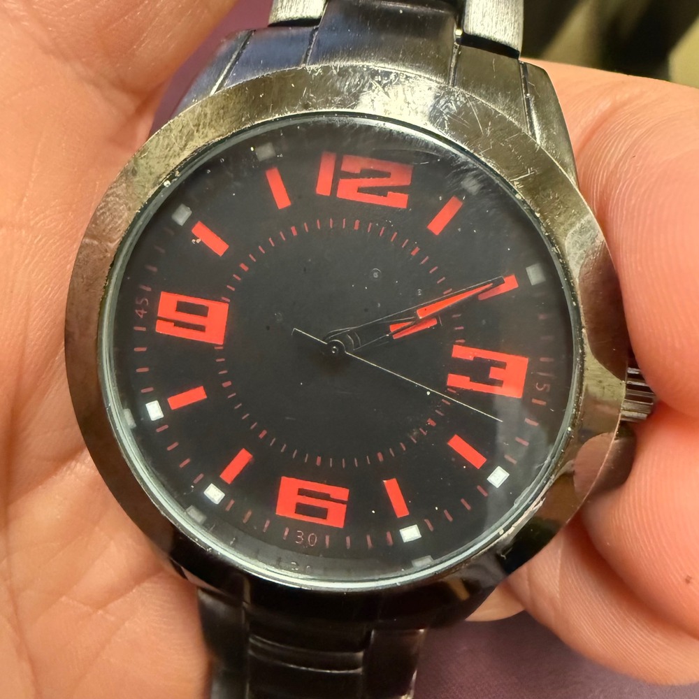 FMD Mens Watch  Gunmetal Orange Numerals Black Dial Japan Movt WORKS